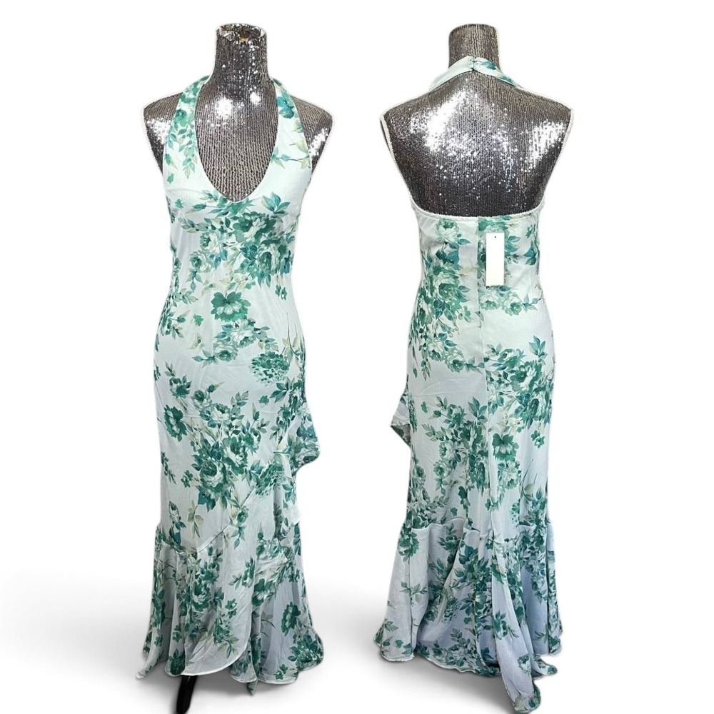 Thirty Thirty LA NWT Green Floral Halter Ruffled Maxi Dress Size Medium